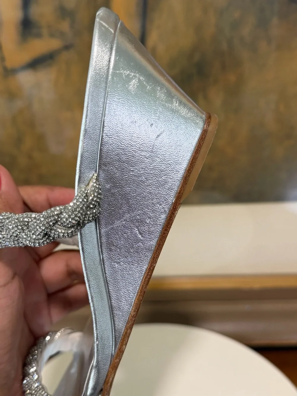 🌹STUART WEITZMAN🌹 Highshine Crystal Braid Wedge Sandals In Silver Size: 5.5 B - Picture 9 of 16